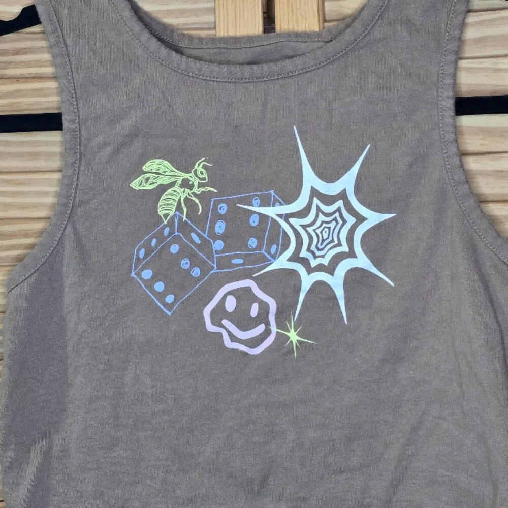 Van's Brown Cropped Tank Top with Cute Graphics, Size Medium - Picture 4 of 7